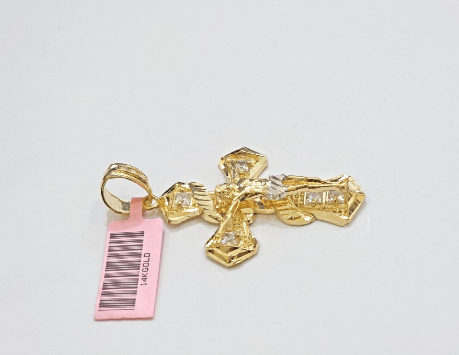 14k Yellow Gold Cross Charm Jesus Pendant 2 Inch CZ Crucifix For Chain 14kt SALE - GoldenlinQ